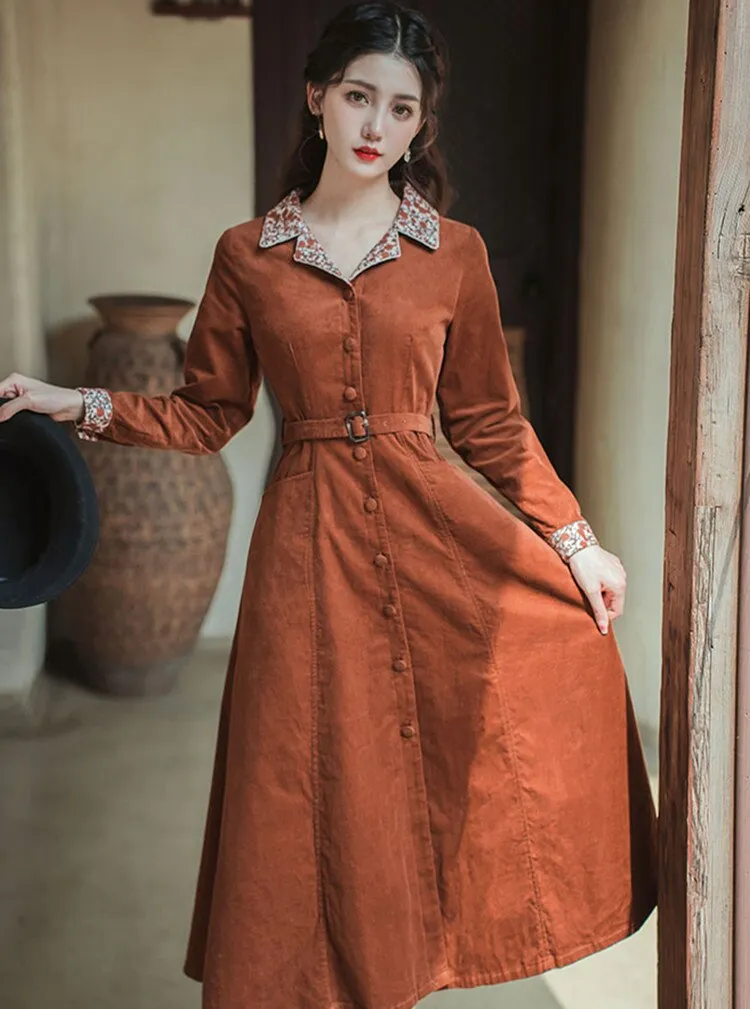 Purpdrank - Modern Elegant Office Lady Outfits Vintage Turn Down Collar Woman Brown Overcoat Dresses With Belt Vestidos Outono Inverno