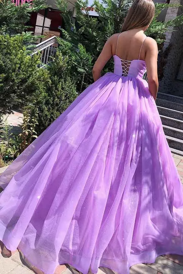 Purple Spaghetti Straps Backless Tulle Princess Long Ball Gown Prom, Lilac Purple Formal Graduation, Evening