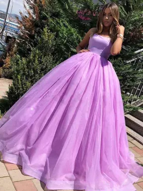 Purple Spaghetti Straps Backless Tulle Princess Long Ball Gown Prom, Lilac Purple Formal Graduation, Evening