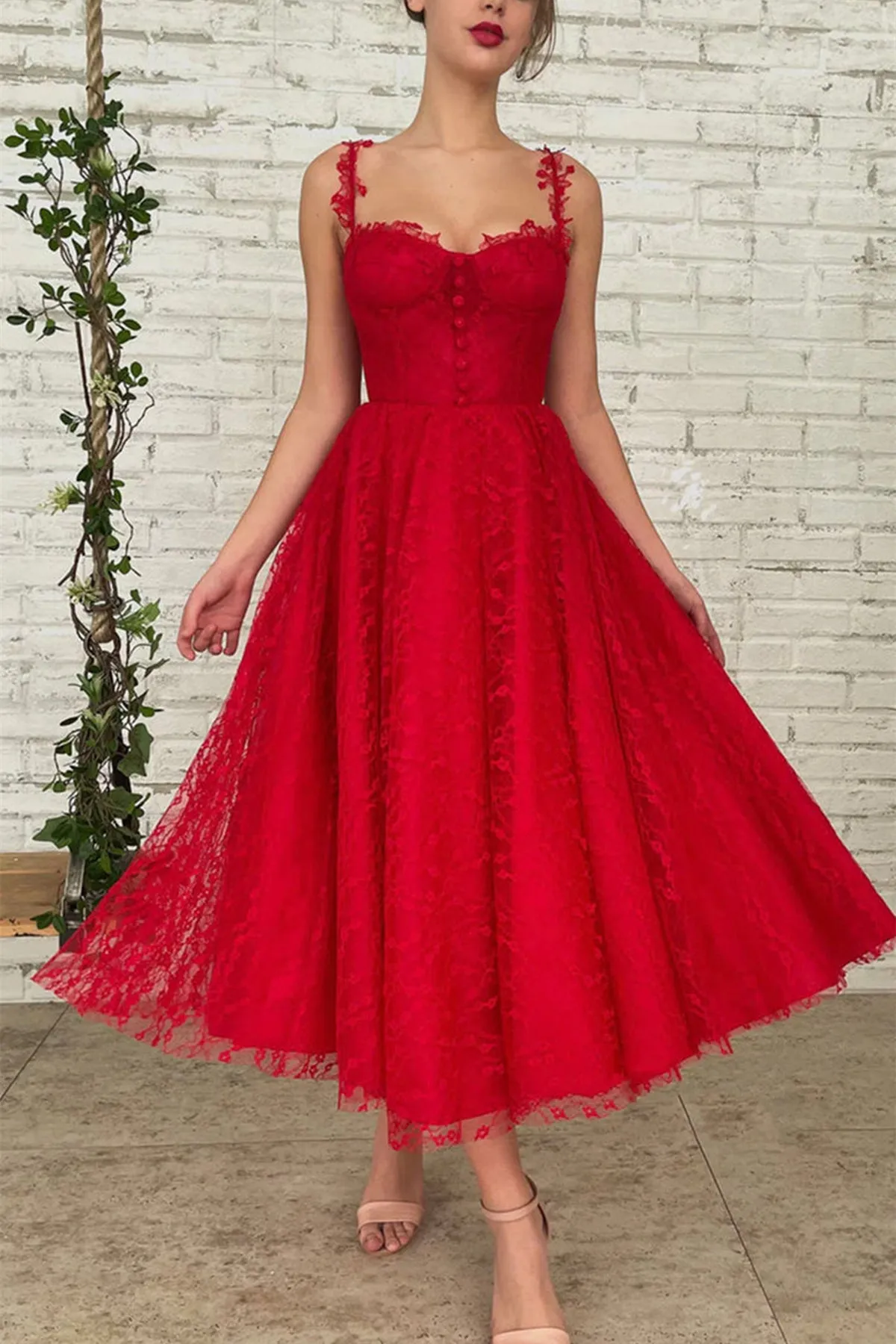 Red Lace Tea Length Prom Dress, Red Lace Homecoming Dress, Short Red Formal Evening Dress A1694