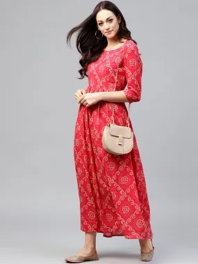 Red Printed Maxi Dress With Round Neck And 3/4 Sleeves