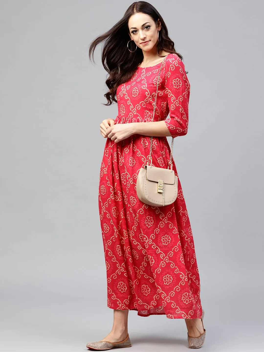 Red Printed Maxi Dress With Round Neck And 3/4 Sleeves