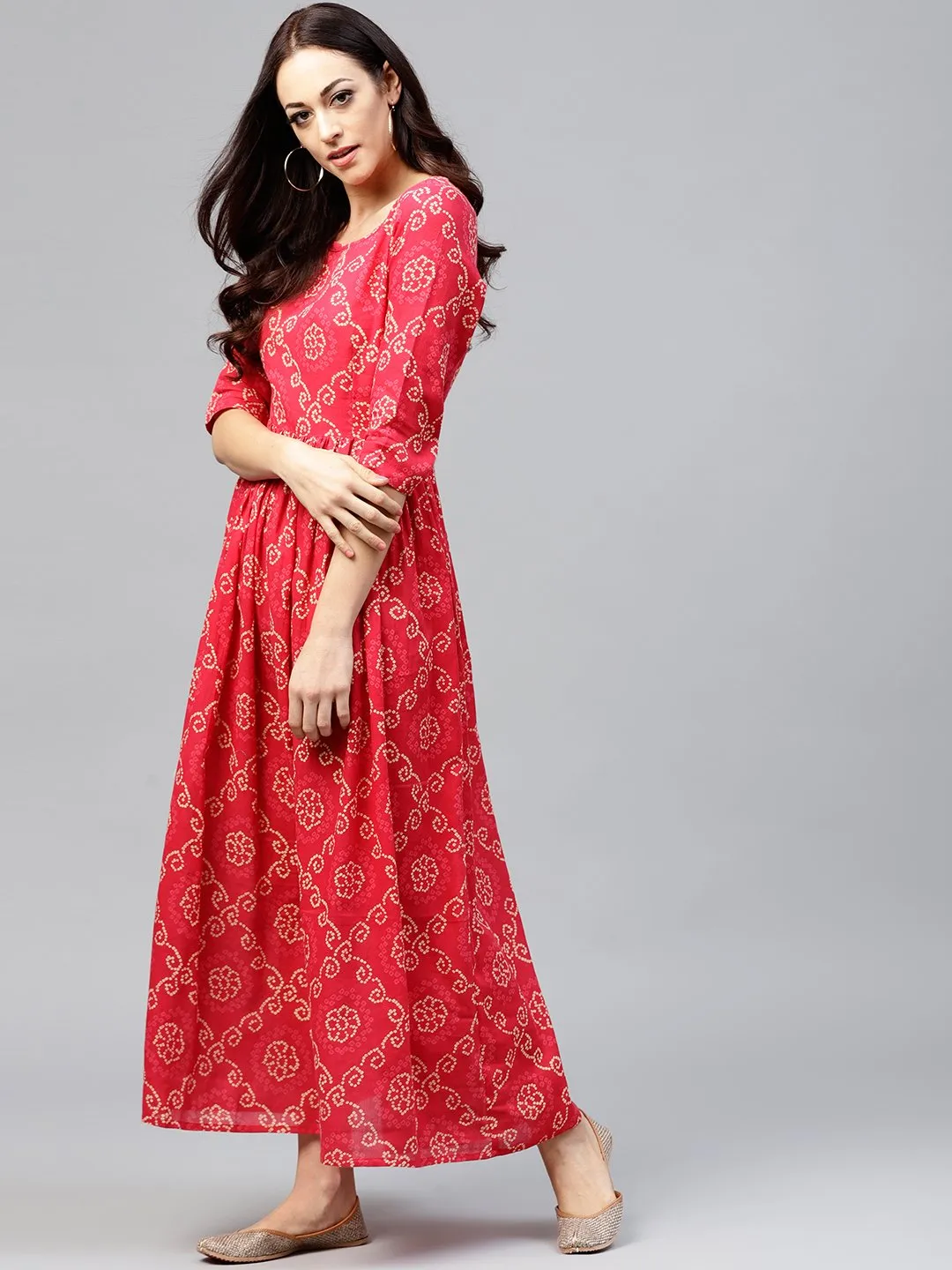 Red Printed Maxi Dress With Round Neck And 3/4 Sleeves