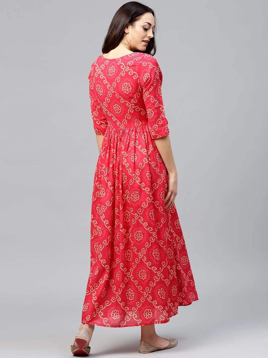 Red Printed Maxi Dress With Round Neck And 3/4 Sleeves