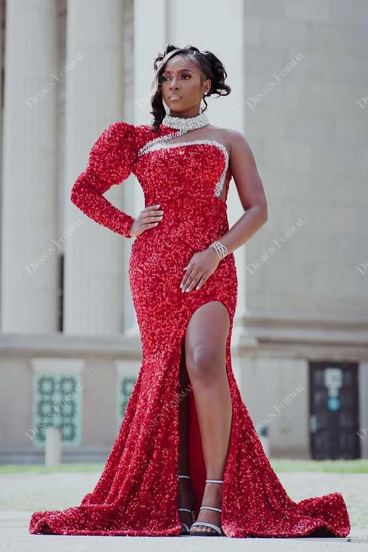 Red Sequin One Sleeve Halter Neck Slit Mermaid Designer Prom Dress