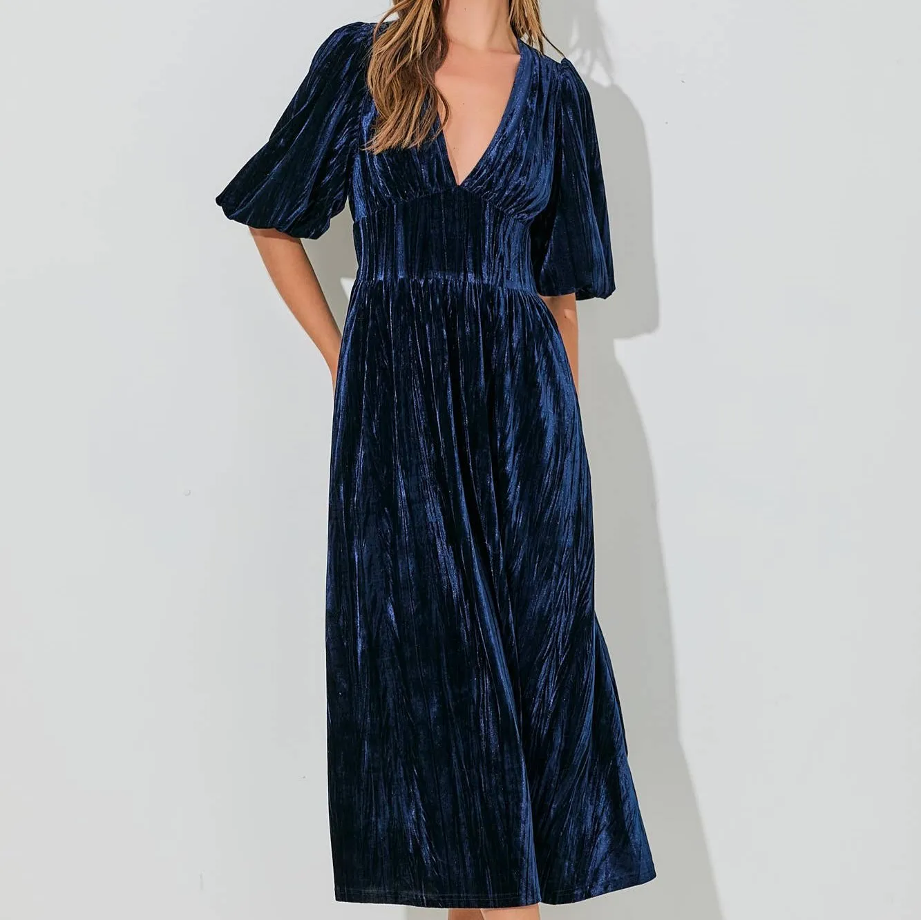 Remington V-Neck Solid Velvet Midi Dress