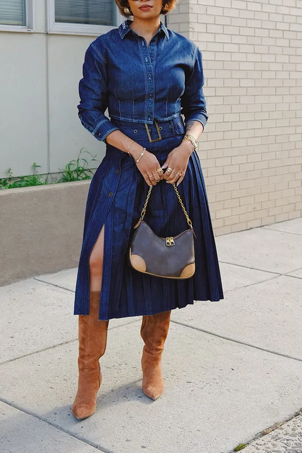 Retro Denim Jacket & Pleated Skirt Set