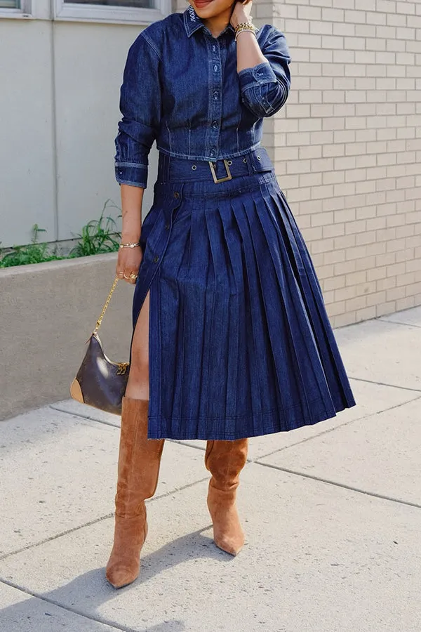 Retro Denim Jacket & Pleated Skirt Set