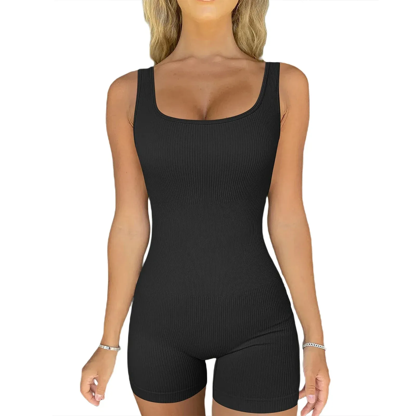 Ribbed Square Neck Sleeveless Sexy Unitard Bodycon Workout Seamless Romper