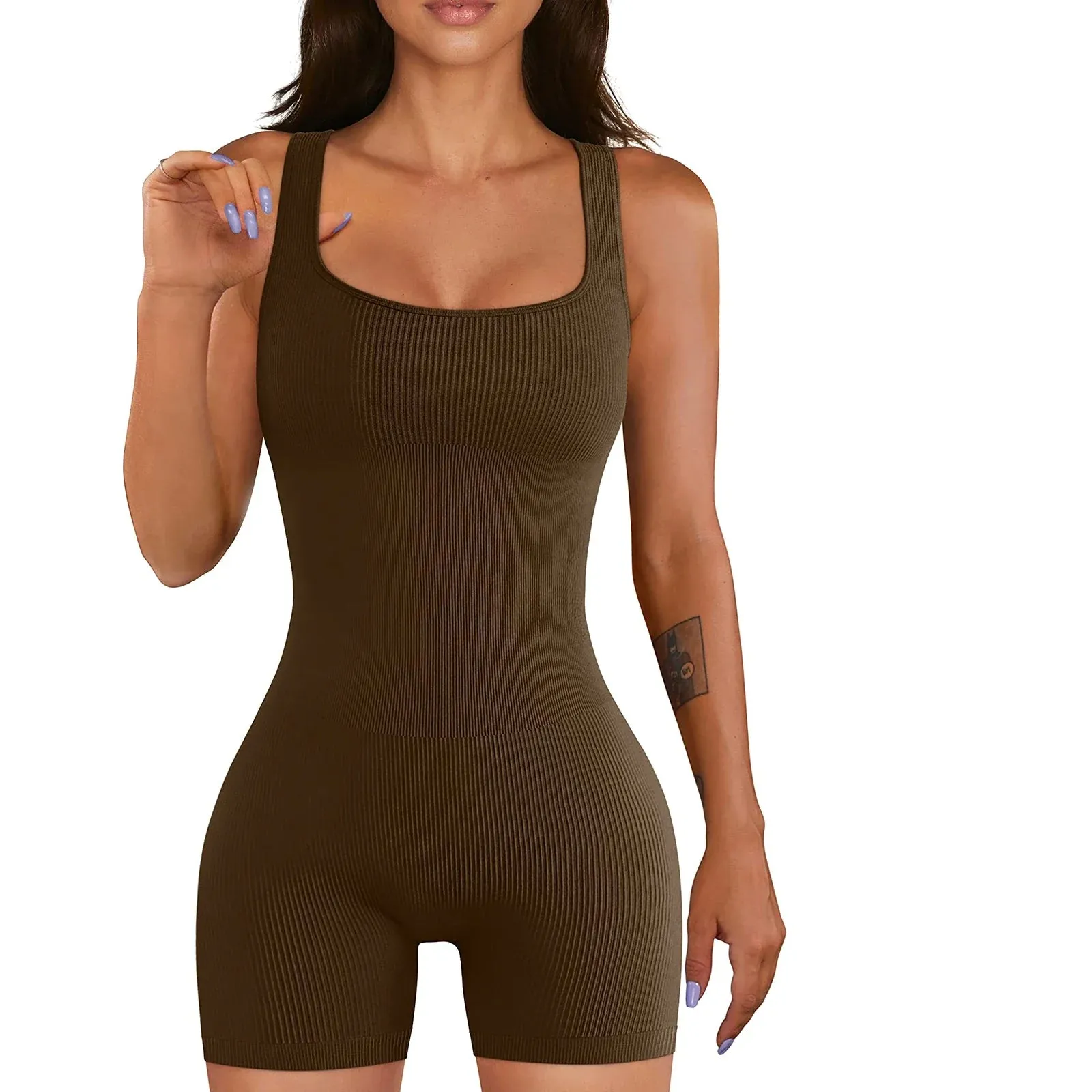 Ribbed Square Neck Sleeveless Sexy Unitard Bodycon Workout Seamless Romper