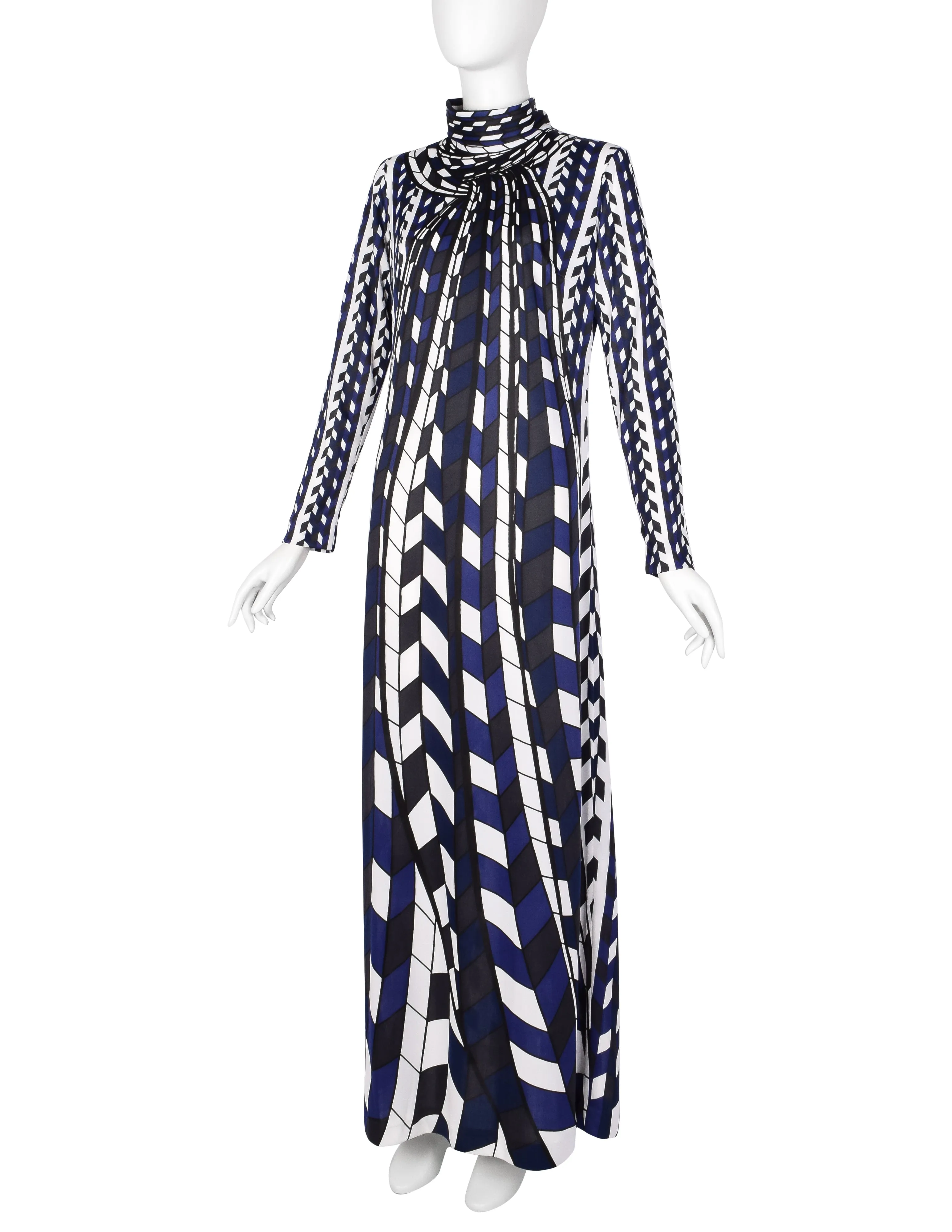 Roberta di Camerino Vintage 1978 Blue Black White Op Art Trompe L'oeil Maxi Dress