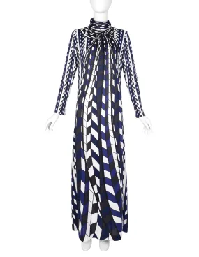 Roberta di Camerino Vintage 1978 Blue Black White Op Art Trompe L'oeil Maxi Dress