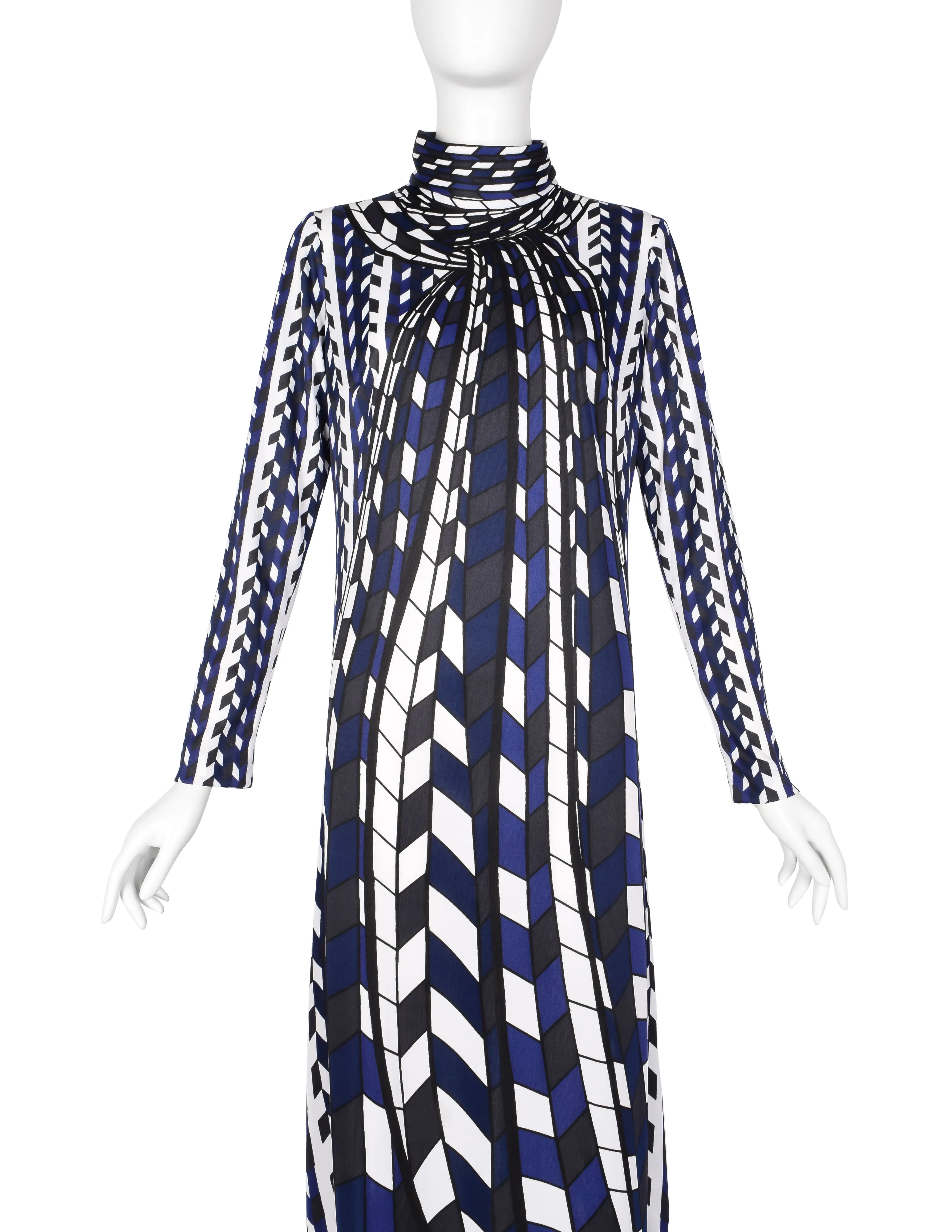 Roberta di Camerino Vintage 1978 Blue Black White Op Art Trompe L'oeil Maxi Dress