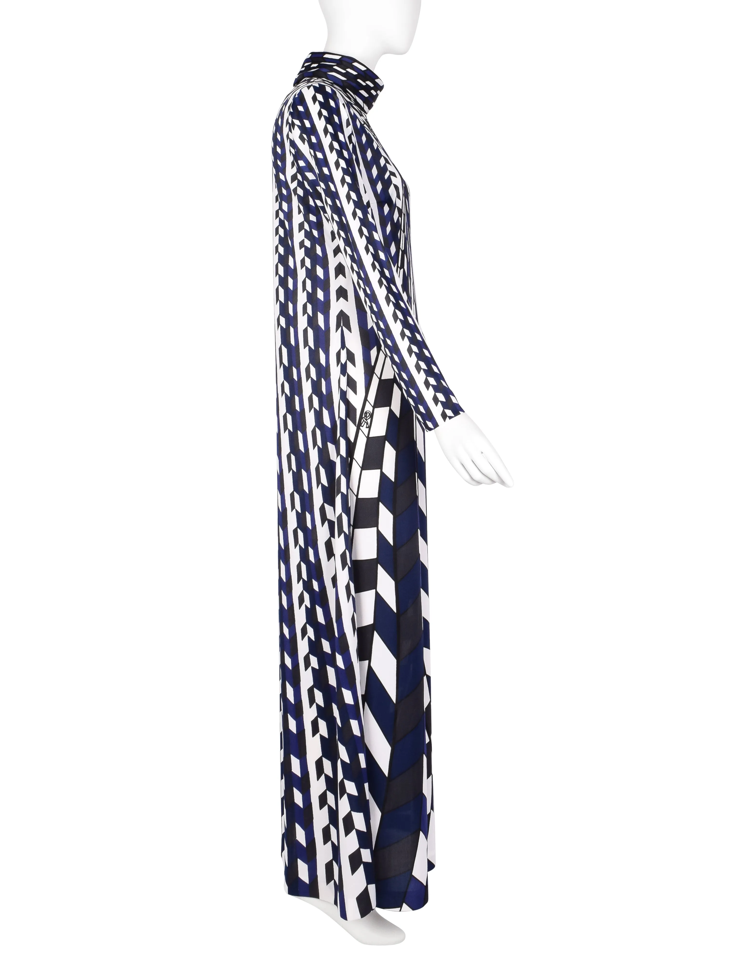 Roberta di Camerino Vintage 1978 Blue Black White Op Art Trompe L'oeil Maxi Dress