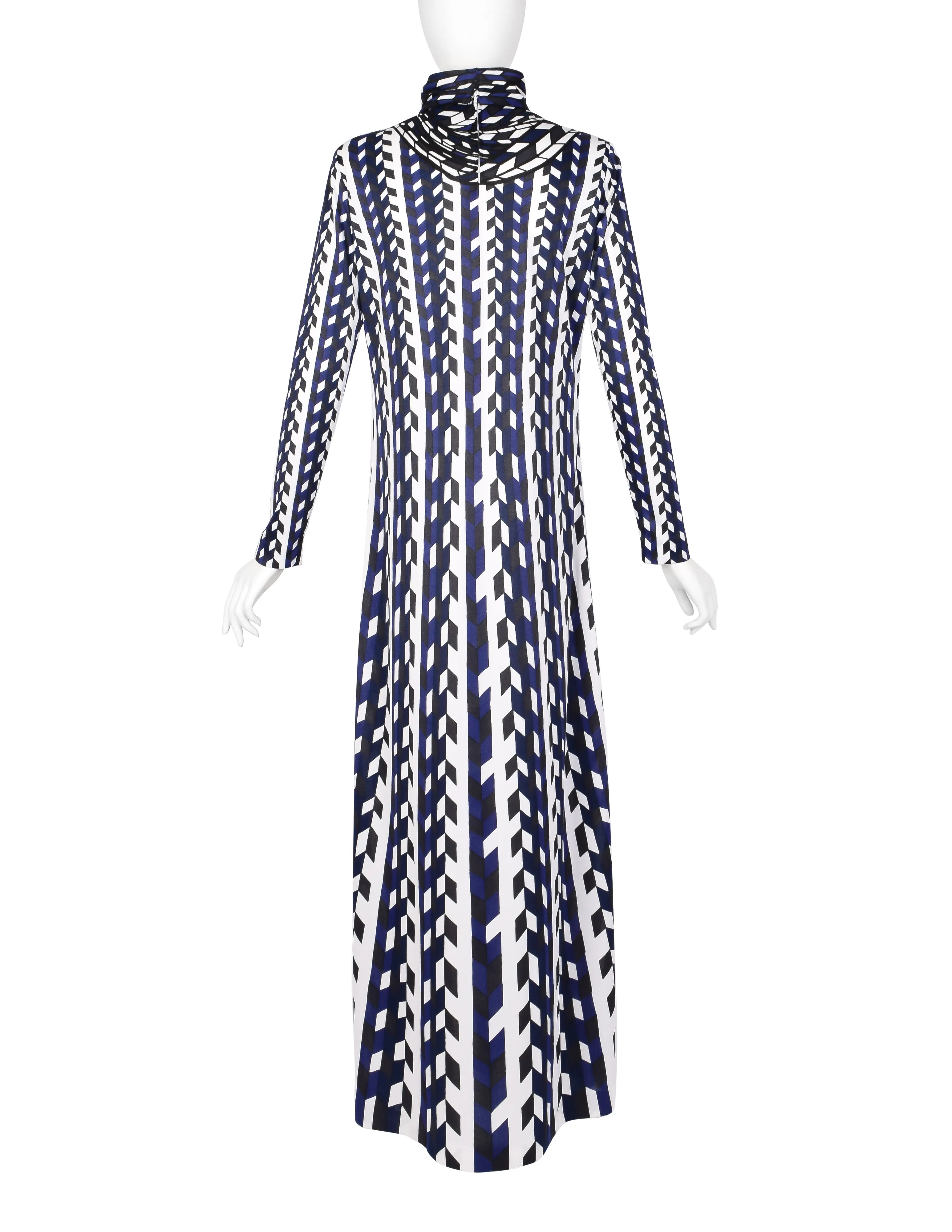 Roberta di Camerino Vintage 1978 Blue Black White Op Art Trompe L'oeil Maxi Dress