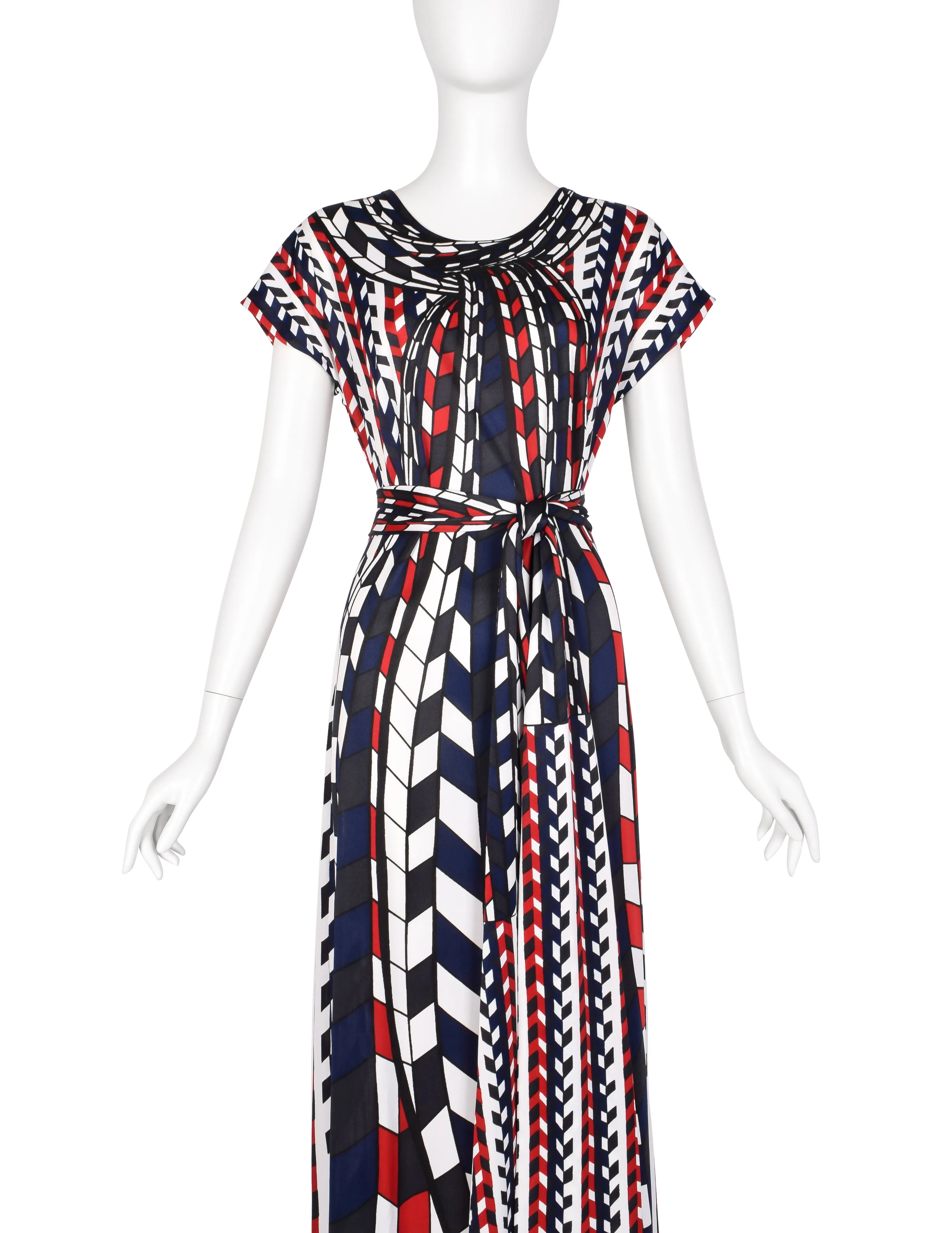 Roberta di Camerino Vintage 1978 Red Blue Black White Op Art Trompe L'oeil Maxi Dress