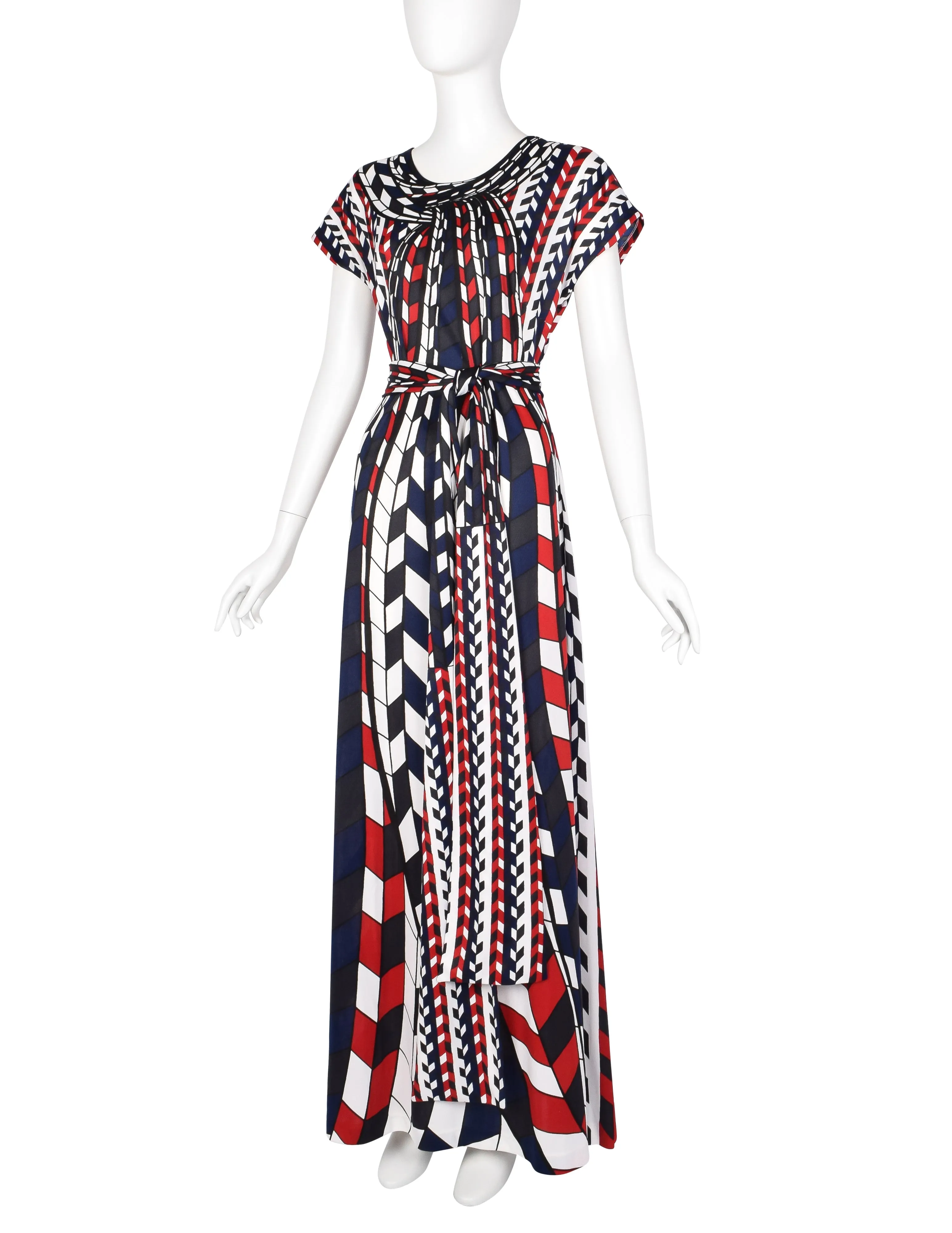 Roberta di Camerino Vintage 1978 Red Blue Black White Op Art Trompe L'oeil Maxi Dress