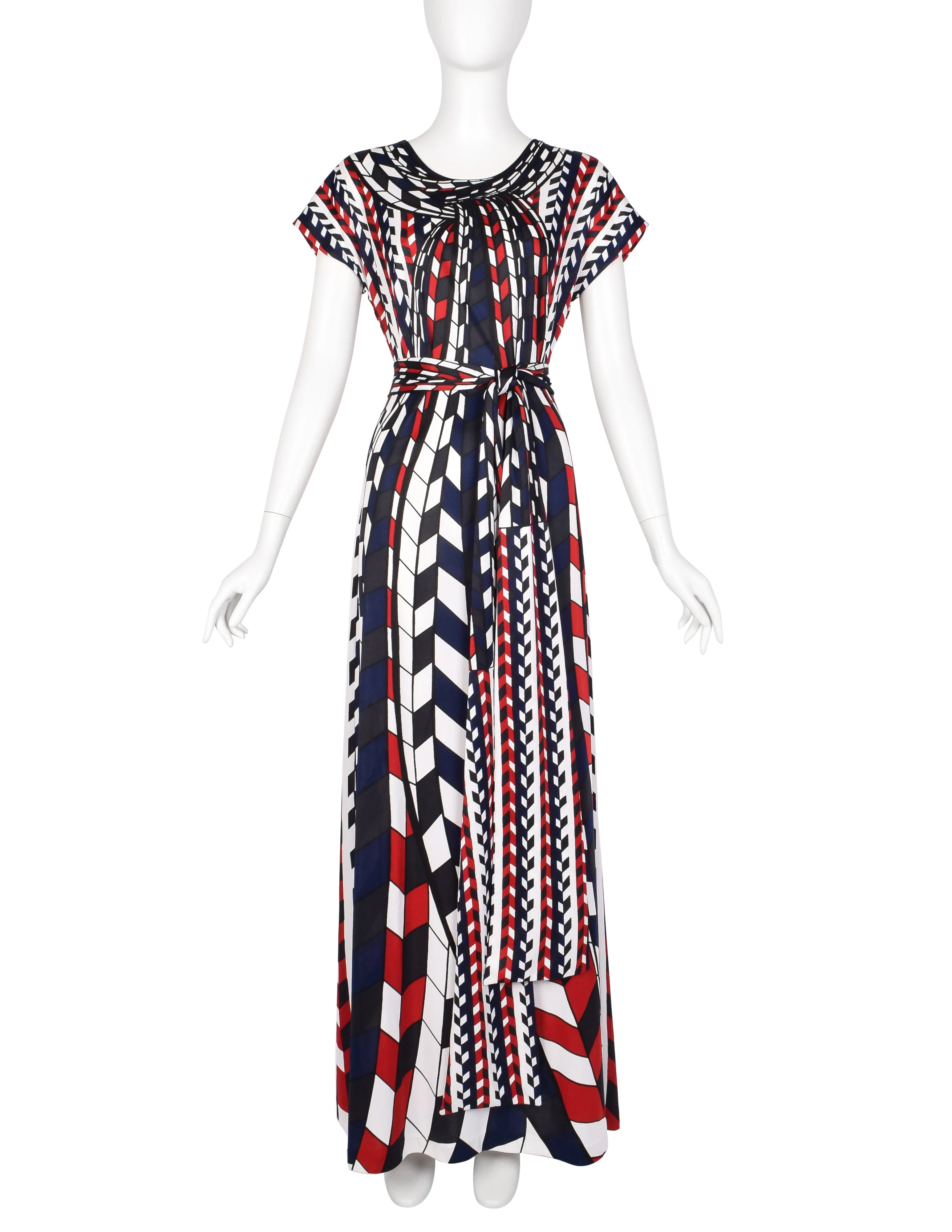 Roberta di Camerino Vintage 1978 Red Blue Black White Op Art Trompe L'oeil Maxi Dress