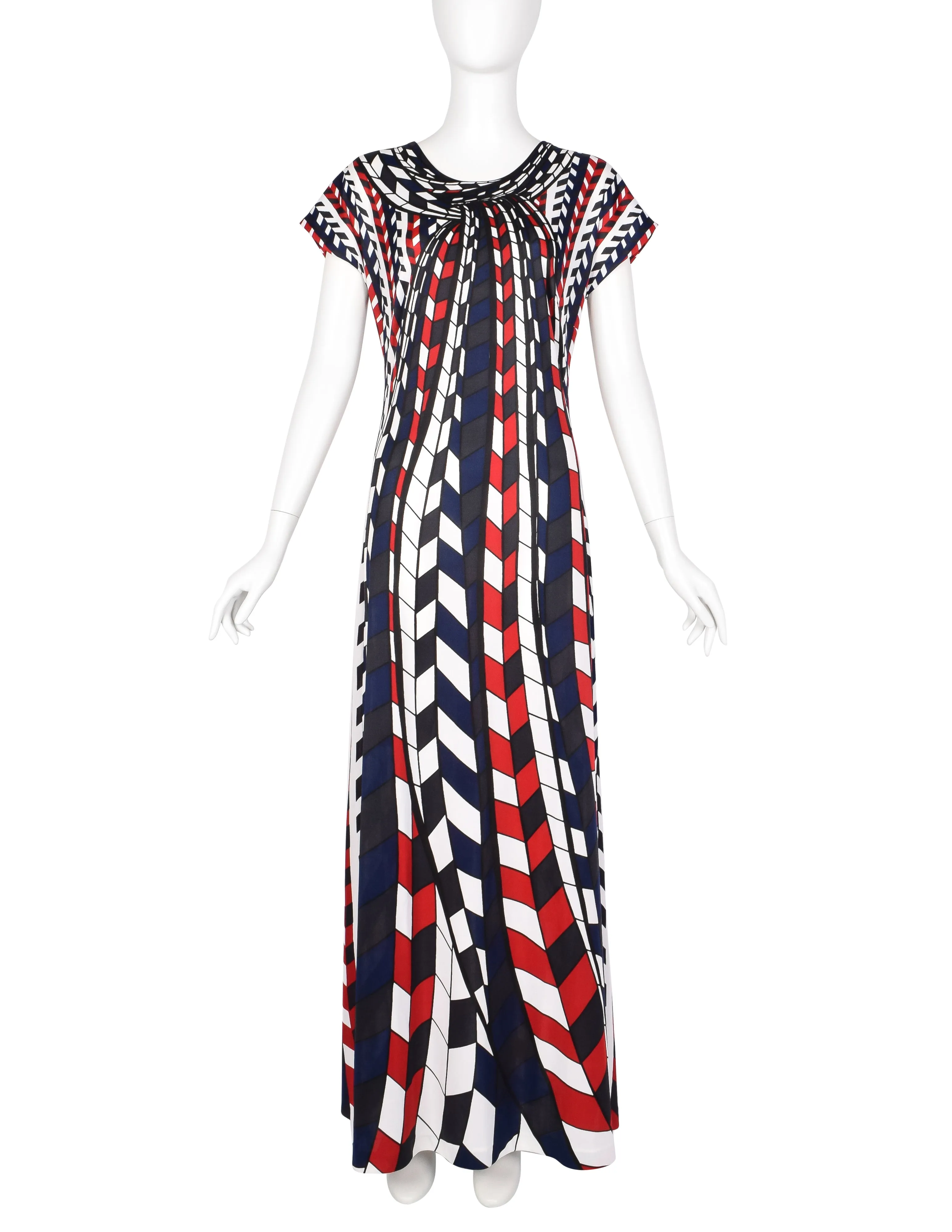 Roberta di Camerino Vintage 1978 Red Blue Black White Op Art Trompe L'oeil Maxi Dress