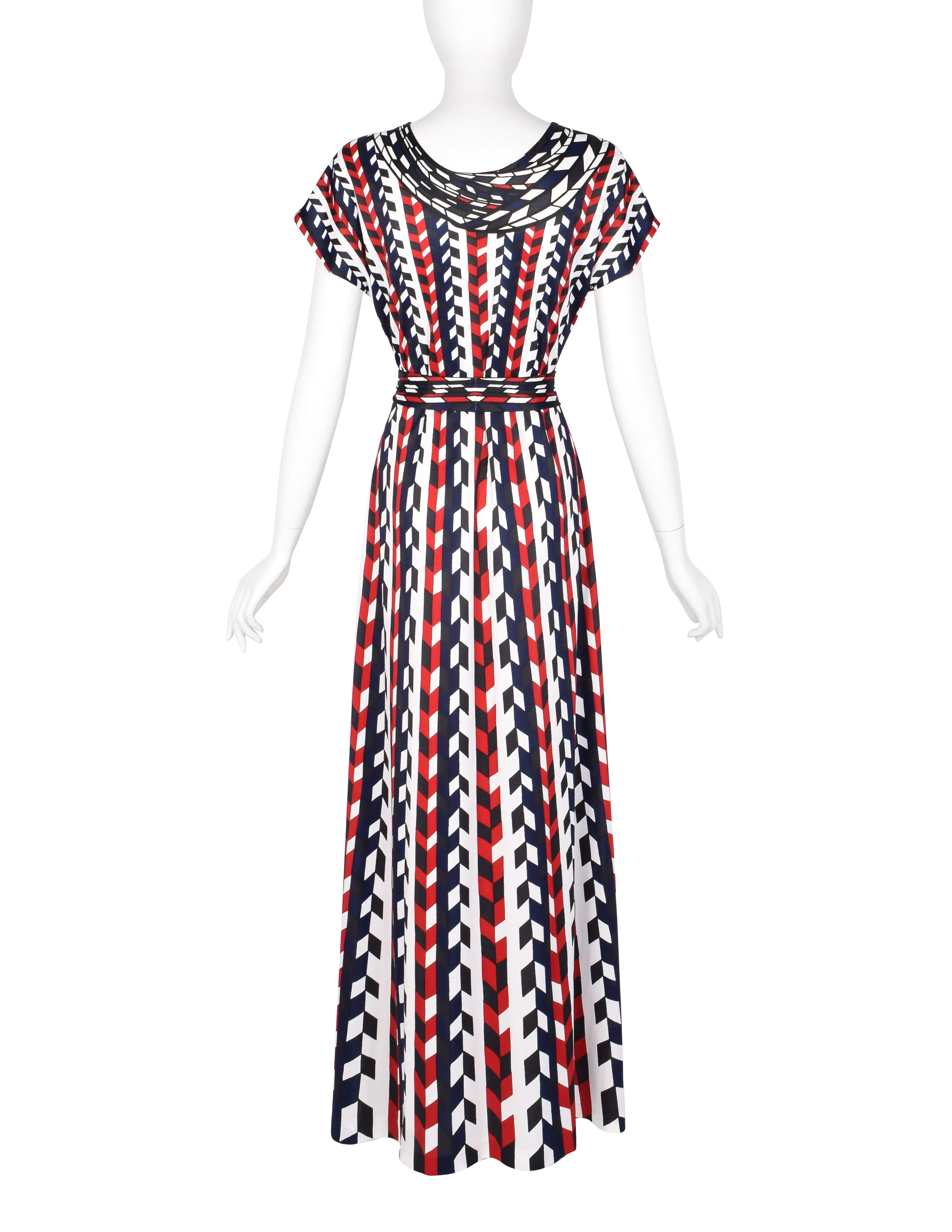 Roberta di Camerino Vintage 1978 Red Blue Black White Op Art Trompe L'oeil Maxi Dress