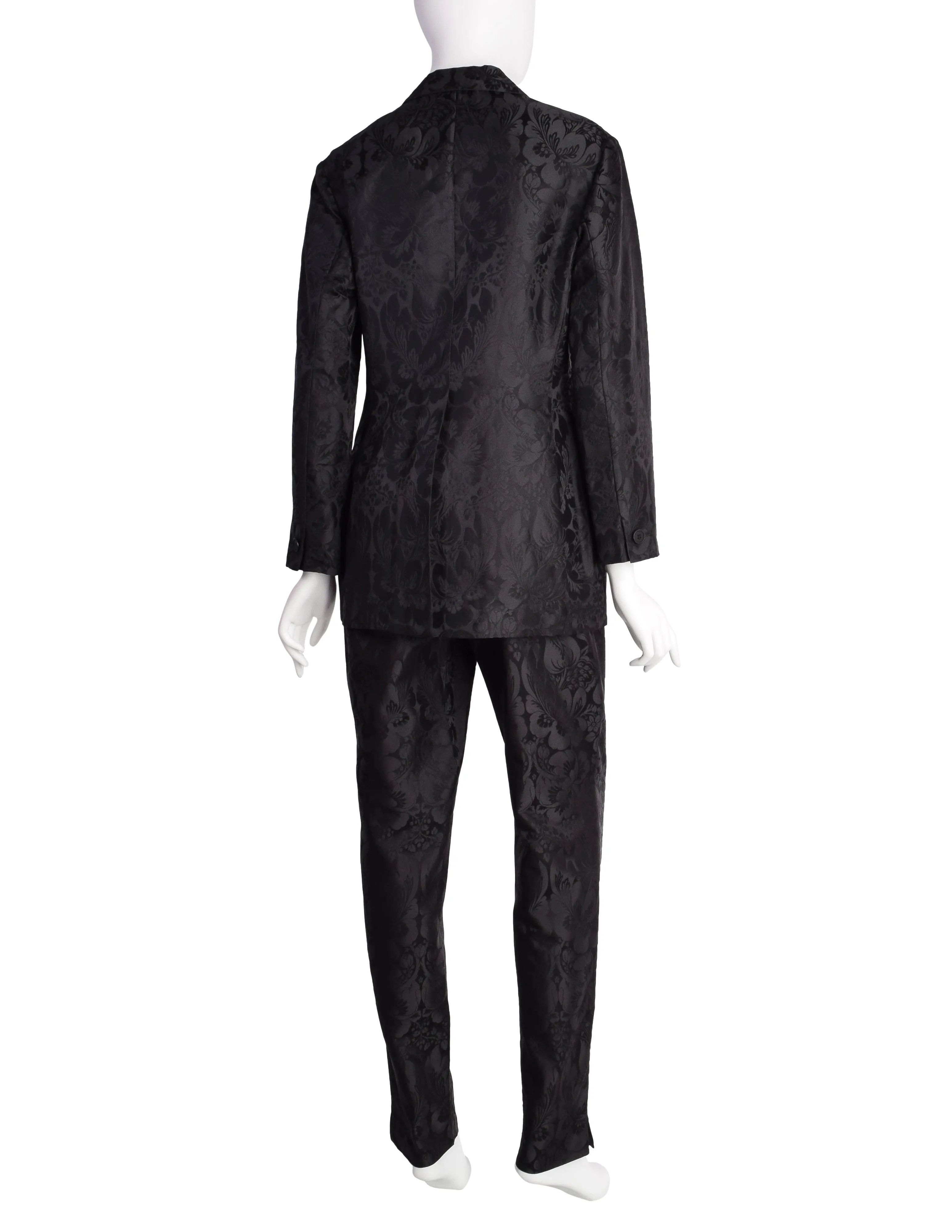 Romeo Gigli Vintage Estate 1996 Black Silk Jacquard Floral Damask Two Piece Jacket and Pant Suit