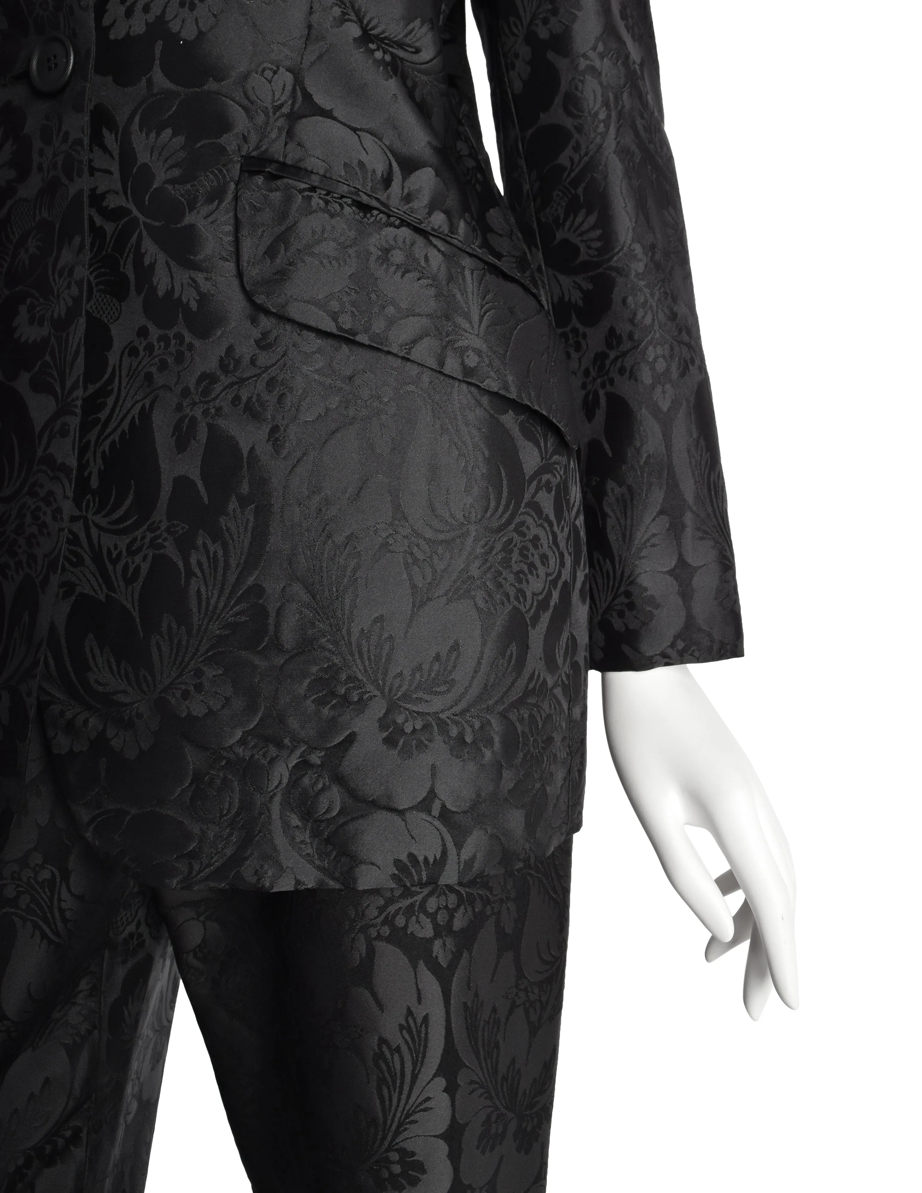 Romeo Gigli Vintage Estate 1996 Black Silk Jacquard Floral Damask Two Piece Jacket and Pant Suit