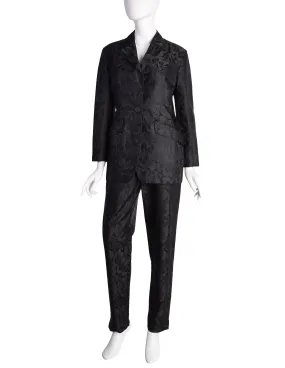 Romeo Gigli Vintage Estate 1996 Black Silk Jacquard Floral Damask Two Piece Jacket and Pant Suit