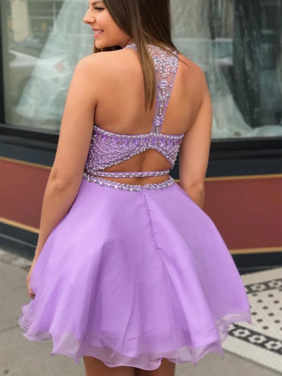 Round Neck Two Pieces Beaded Purple Short Prom Homecoming, Two Pieces Beaded Purple Formal Graduation Evening