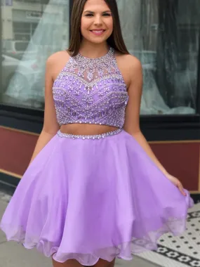 Round Neck Two Pieces Beaded Purple Short Prom Homecoming, Two Pieces Beaded Purple Formal Graduation Evening