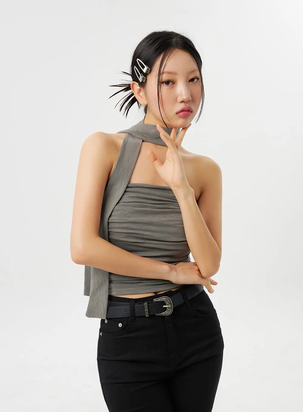 Ruched Tube Top With Scarf CY315