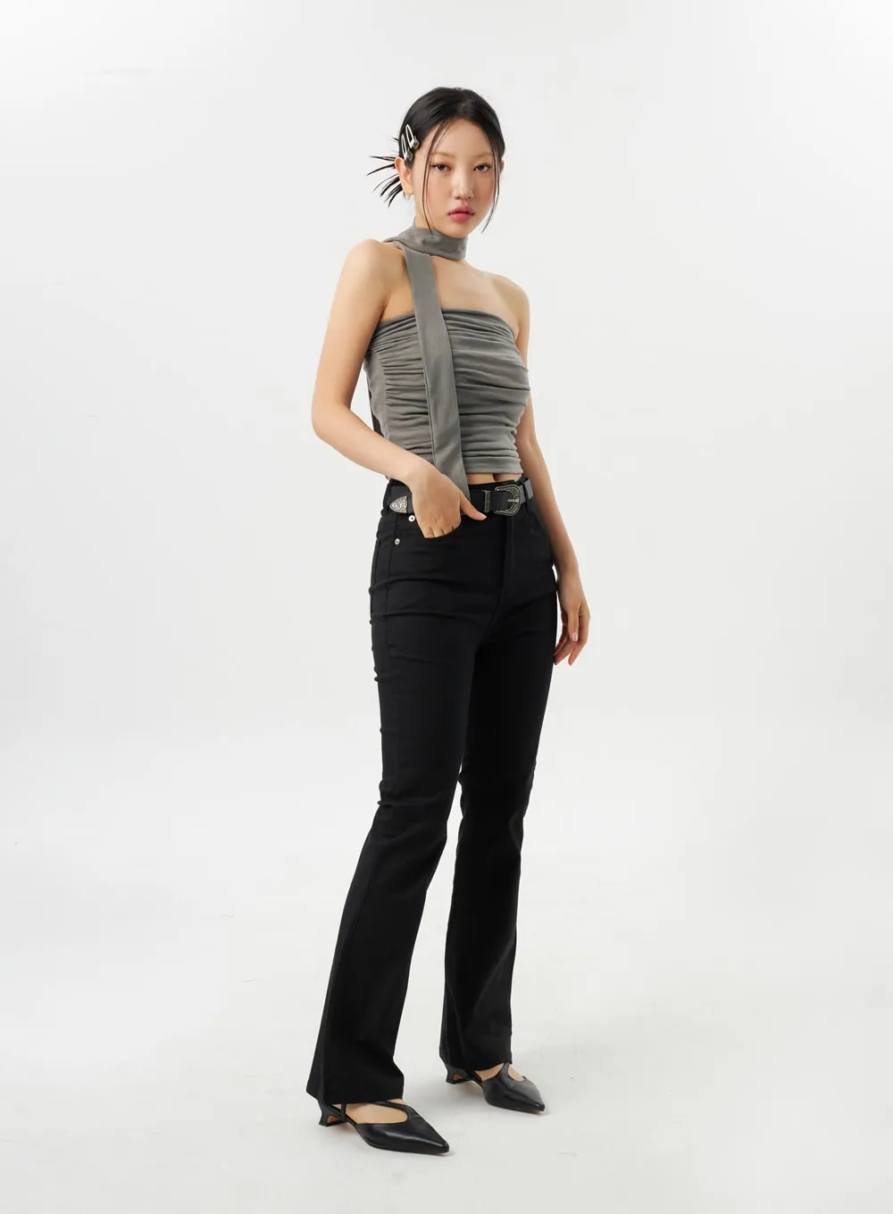 Ruched Tube Top With Scarf CY315