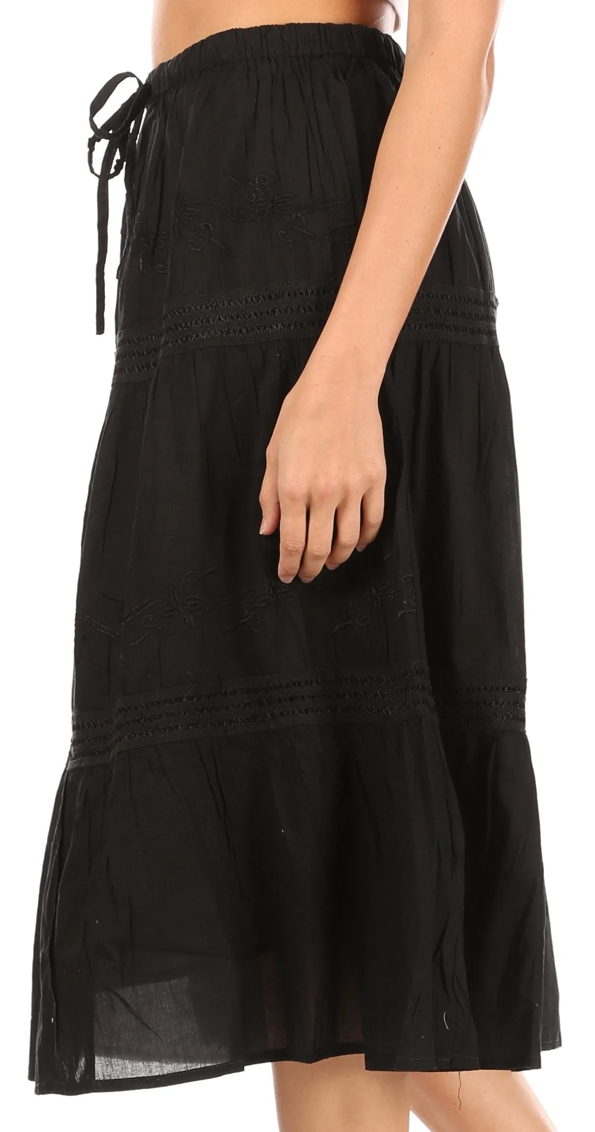 Sakkas Tahira Cascading Broomstick Midi Skirt with Crochet lace and Elastic Waist