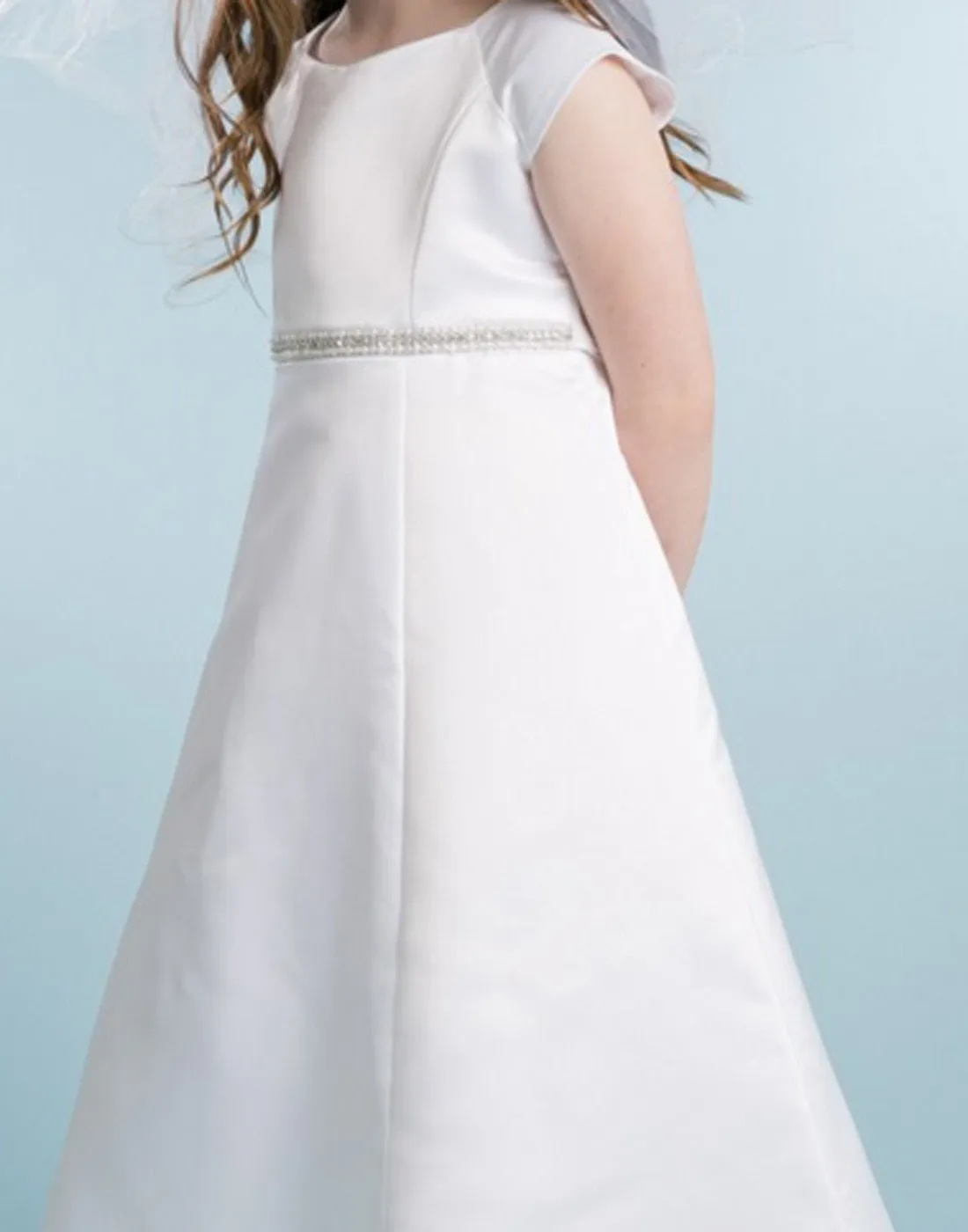 Satin A-Line Dress with Beaded Waist belt - White