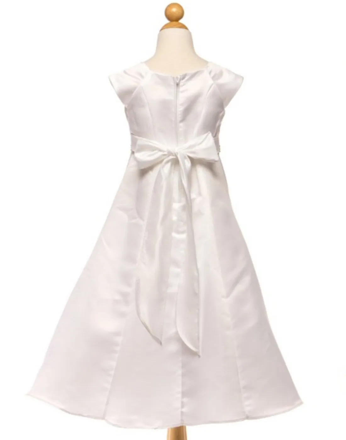 Satin A-Line Dress with Beaded Waist belt - White