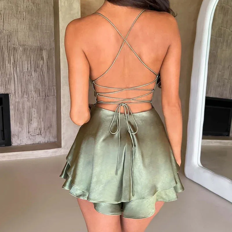 Satin Spaghetti Strap Sleeveless Backless Lace-up A-Line Dress for Women