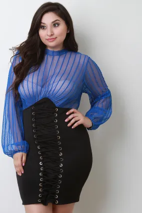 Semi-Sheer Pinstripe Polka Dot Corset Combo Dress