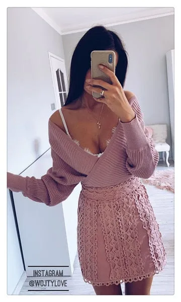 Sexy V-neck Knitted Skirt Batwing Sleeve 2 Pieces Elegant Party Sweater Pink Dress