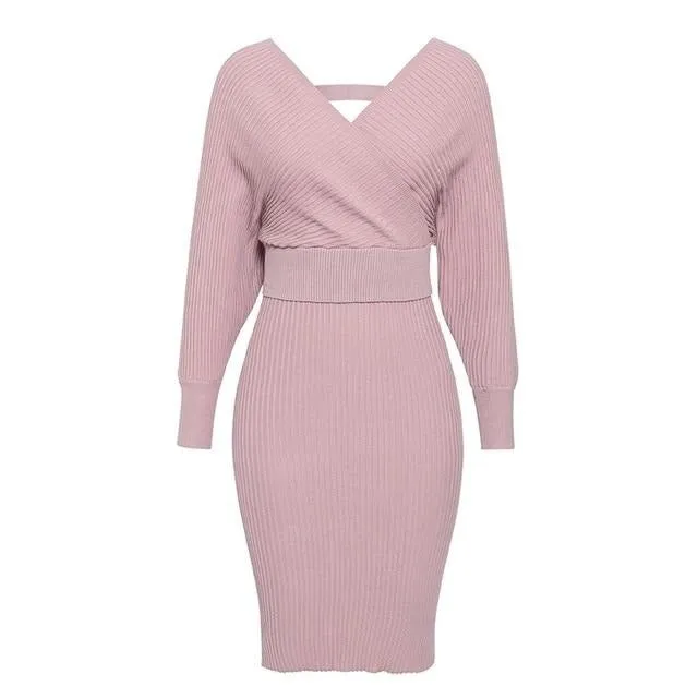 Sexy V-neck Knitted Skirt Batwing Sleeve 2 Pieces Elegant Party Sweater Pink Dress