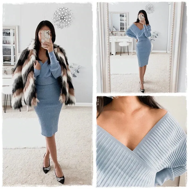 Sexy V-neck Knitted Skirt Batwing Sleeve 2 Pieces Elegant Party Sweater Pink Dress