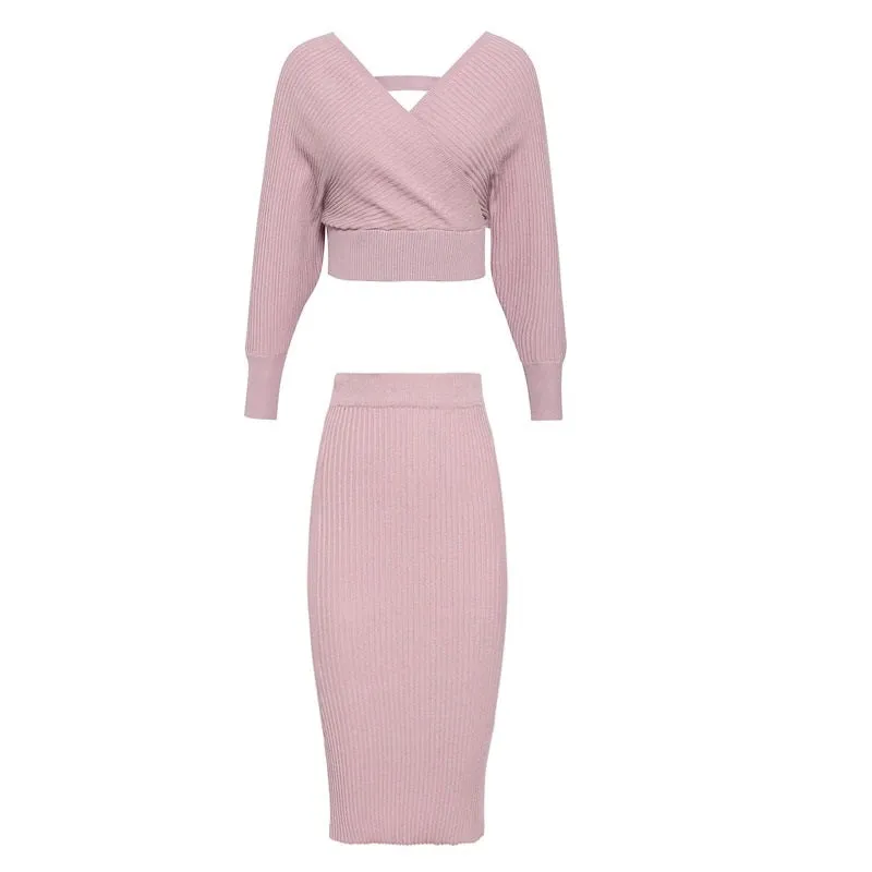 Sexy V-neck Knitted Skirt Batwing Sleeve 2 Pieces Elegant Party Sweater Pink Dress