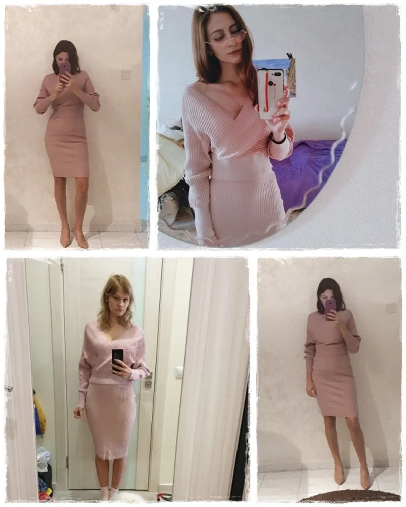 Sexy V-neck Knitted Skirt Batwing Sleeve 2 Pieces Elegant Party Sweater Pink Dress