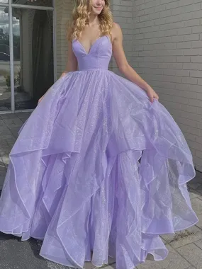 Shiny V Neck Purple Long Prom Dresses, Fluffy Purple Formal Evening Dresses, Sparkly Ball