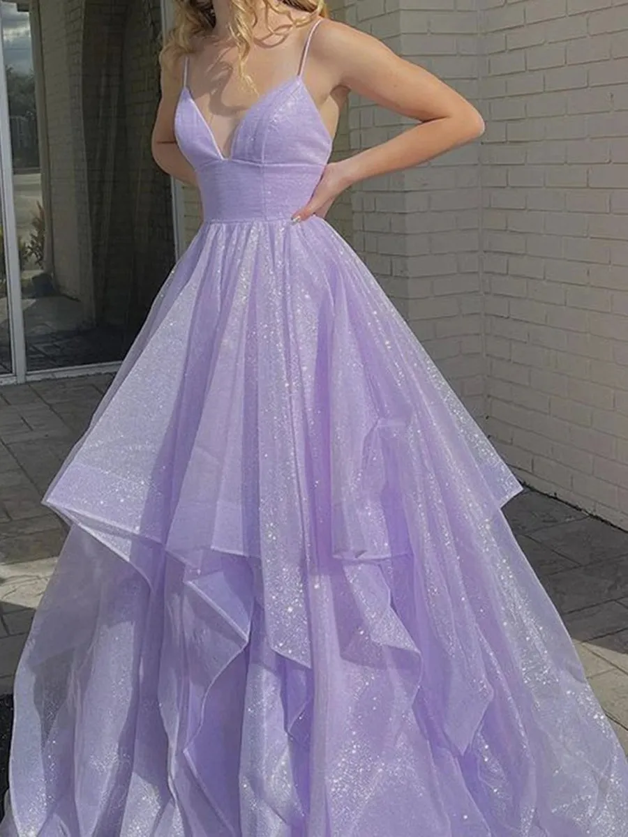 Shiny V Neck Purple Long Prom Dresses, Fluffy Purple Formal Evening Dresses, Sparkly Ball