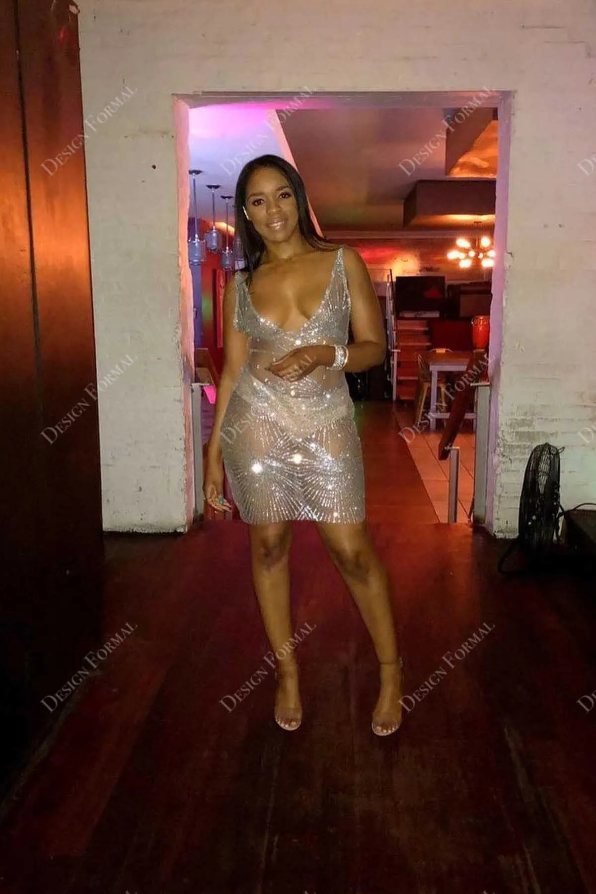 Silver Glitter Plunging Made-to-Order Bodycon Sheer Prom Dress