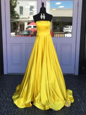 Simple A Line Strapless Yellow Satin Long Prom, Strapless Yellow Formal Graduation Evening