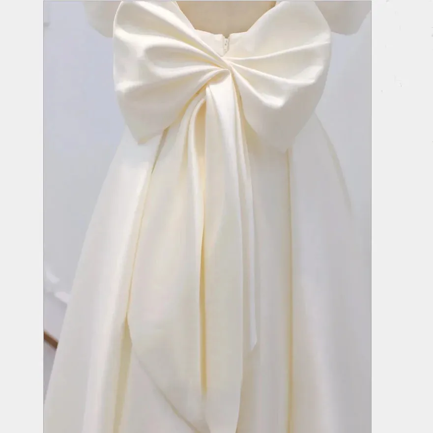 Simple Satin Wedding Dress Tea length Puffy Sleeves With Big Bow