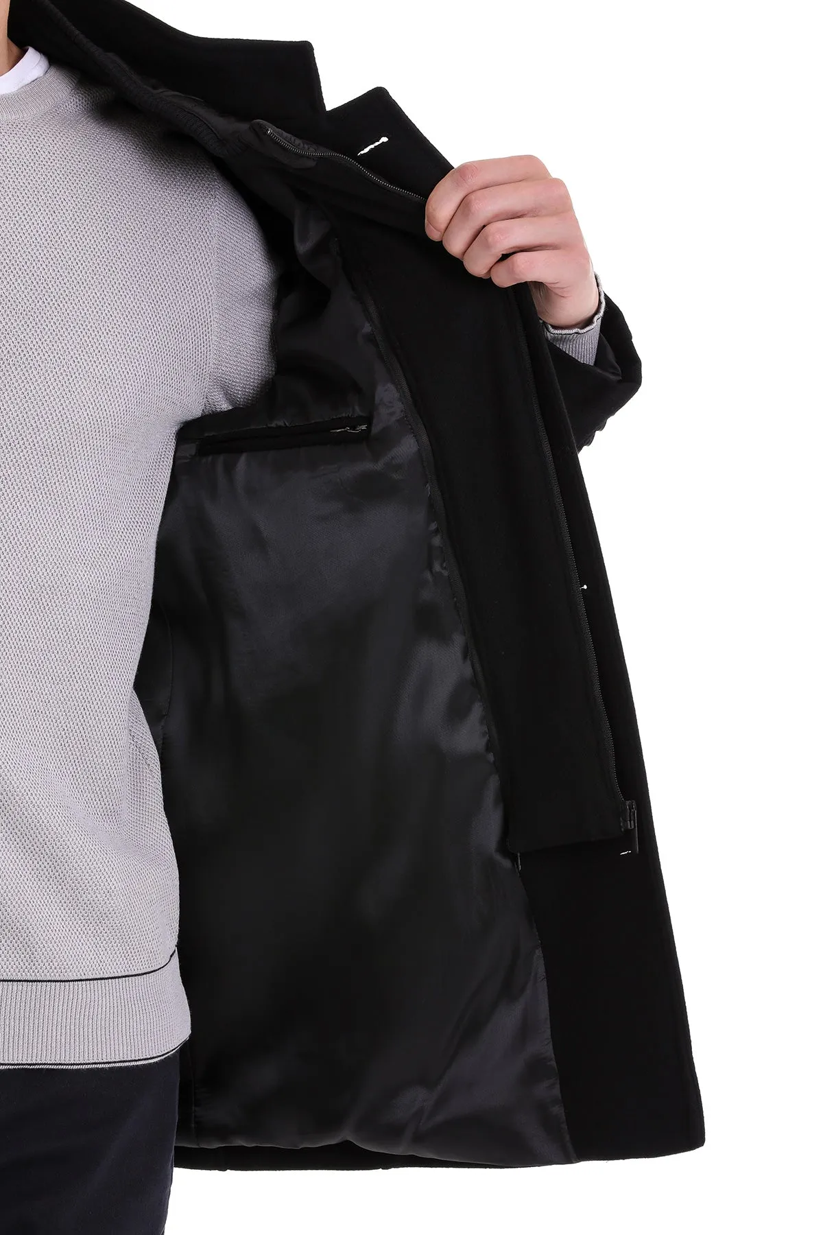 Slim Fit Stand Collar Wool Blend Black Overcoat