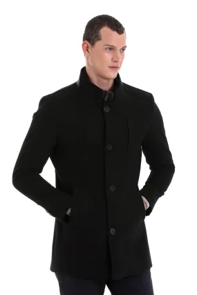 Slim Fit Stand Collar Wool Blend Black Overcoat