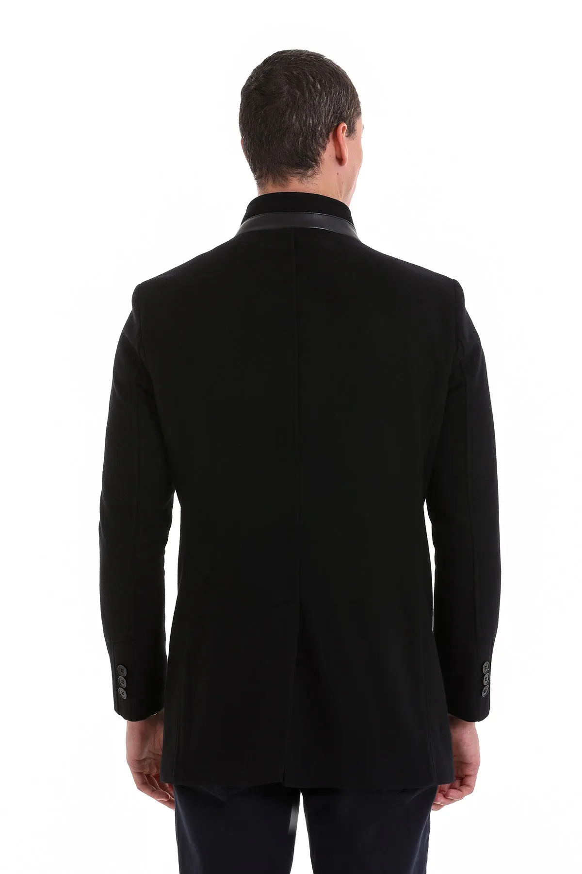 Slim Fit Stand Collar Wool Blend Black Overcoat