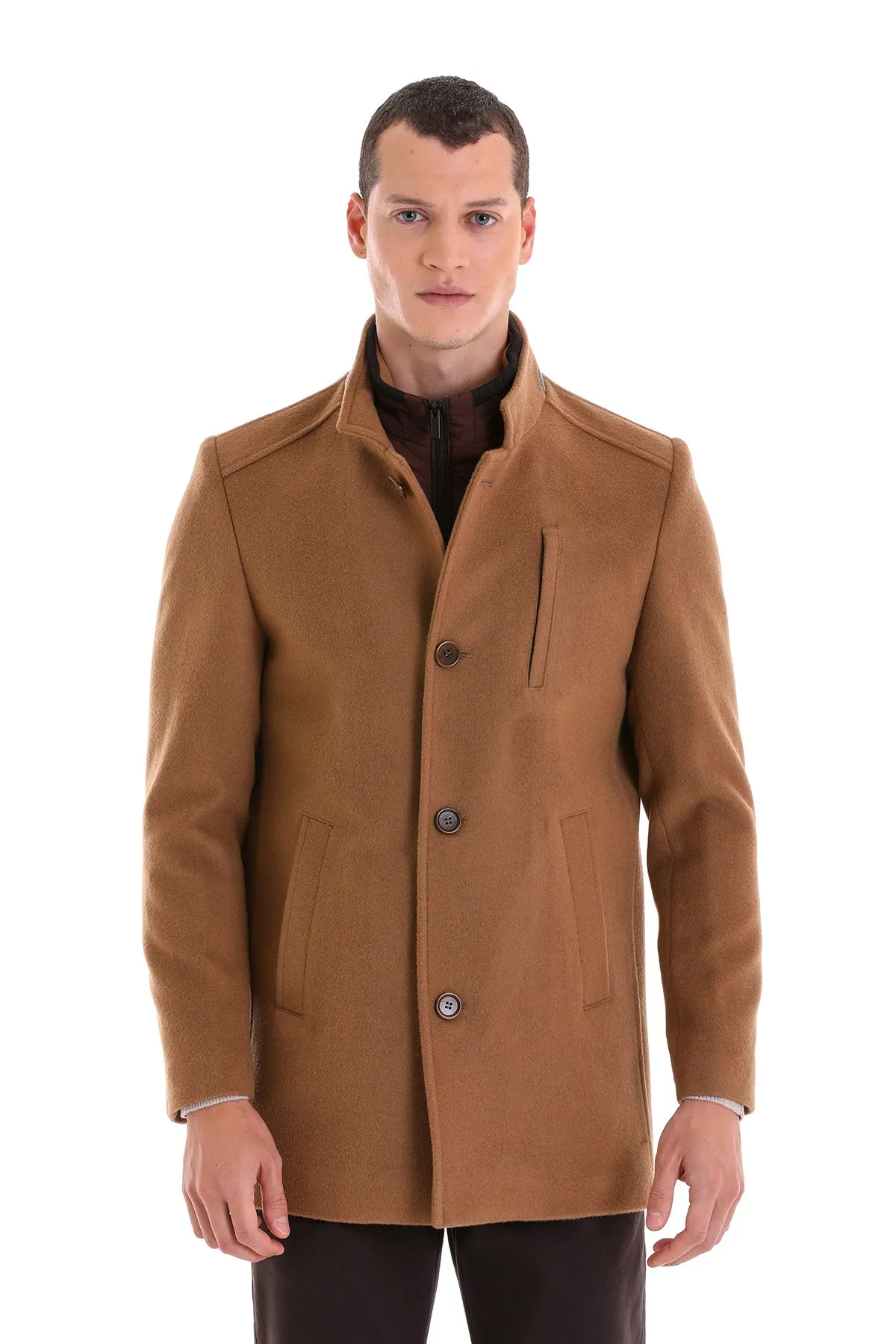 Slim Fit Stand Collar Wool Blend Camel Overcoat